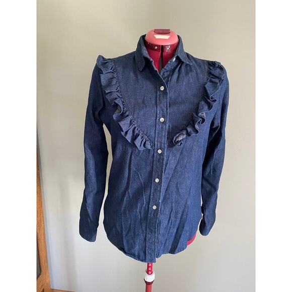 Lee Chambray button down ruffle front dark wash 1980s western - Picture 1 of 9